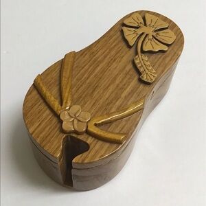 Flip Flop Wood Puzzle Box Secret Jewelry Box Polished Velvet Lined Hawaii Floral